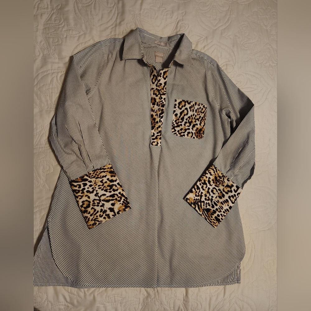 Chico's Black and White Striped Shirt with Leopard Details